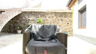 Blonde Solo Tease: Pink Dildo Play in Tight Thong on Outdoor Patio
