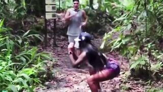 Tattooed Blonde Sucks Cock in Public River Threesome Cuckold