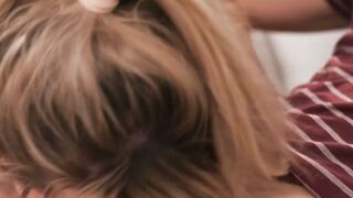 Blonde Ladyboy Jayne Calloway Deepthroats Jacob Coldwater's Dick on Couch