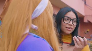 Daphne Deepthroats Thick Ebony Dick While Vilma Watches in Orange Skirt 4K