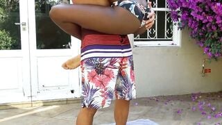 Ebony Teen Yoga Slut Stretched Tight on Outdoors Mat