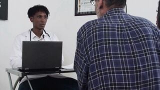 Tattooed Cougar Sucks Young Doctor's Cock While Elderly Husband Watches