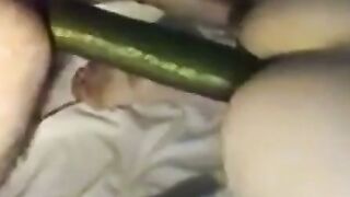 Amateur MILF Deepthroats Giant Green Cucumber in Farmhouse Bedroom