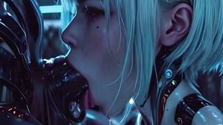 Cyberpunk Blonde Cartoon Deepthroats Thick Robot Cock in Neon Bar