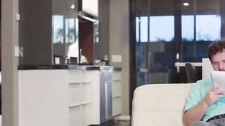 Brunette in Mini Dress Gets Deep Throat on Couch by Handyman