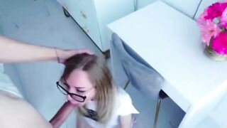 Blonde Glasses Girl Sucks Cock POV in Bedroom