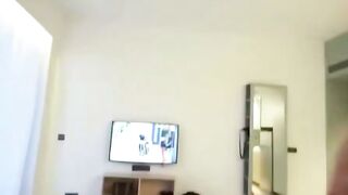 Blonde Cougar in Red Bodysuit Sucks Cock on Couch with Glasses