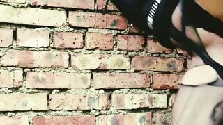 Abigail Mac Deepthroats Huge Dick Against Brick Wall Outside