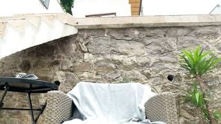 Blonde Cam Girl Sucks Cock With Pink Dildo On Terrace Chair