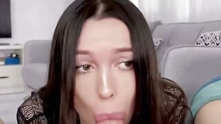 Dark Haired Woman in Black Lace Deepthroats Cock and Swallows Cum POV