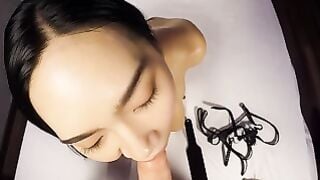 Cuffed Shemale Deepthroats Big Cock & Takes Raw Anal on White Bed