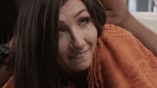 Tattooed Ebony Shemale Deepthroats Brunette's Strap-On Cock