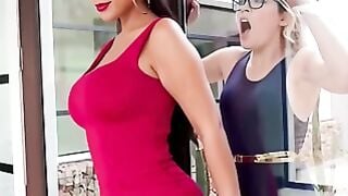 Bridgette B Deepthroats Tattooed Man in Red Dress at Home
