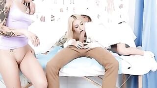 Blonde Doctor Kenzie Reeves Deepthroats Massive Dick While BBW Bailey Base Gets Banged on Exam Table