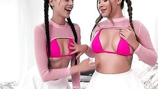 Tattooed Twin Pigtails Strip Tease Mature Man In Pink Bikini And White Skirt