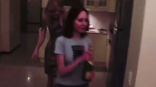 Amateur Lesbian Foursome Gangbang with Blonde and Brunette in Living Room