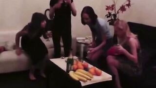 Amateur Lesbian Foursome Gangbang with Blonde and Brunette in Living Room
