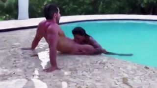 Blindfolded BF Gets Double Penetration From Tattooed Stepsister And Friend By Pool