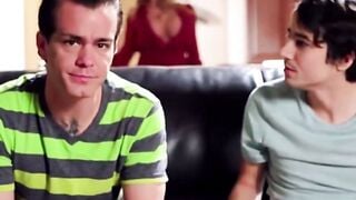 Blonde mom inside Red Robe Whips 18 yo Boy on Kitchen Counter