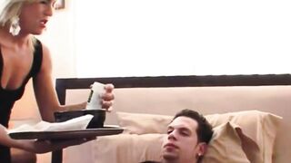 Hottie Blonde cougar Bends Over Bed to Suck Penis Deep throat