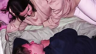 Caught Brunette Sucks Young Guy Cock on Couch Then Rough Bed Sex