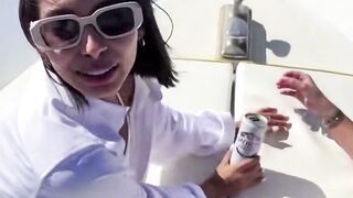 Dark haired cougar Deepthroats Boat Captain Dick Outside on Yacht