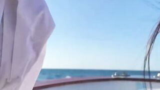 Dark haired cougar Deepthroats Boat Captain Dick Outside on Yacht
