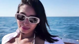 Dark haired cougar Deepthroats Boat Captain Dick Outside on Yacht