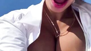 Dark haired cougar Deepthroats Boat Captain Dick Outside on Yacht