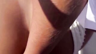 Dark haired cougar Deepthroats Boat Captain Dick Outside on Yacht