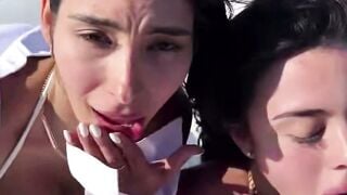 Dark haired cougar Deepthroats Boat Captain Dick Outside on Yacht