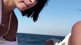 Dark haired cougar Deepthroats Boat Captain Dick Outside on Yacht