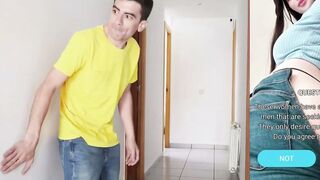 Dark hair inside Red Underwear Deepthroats Penis on Bathroom