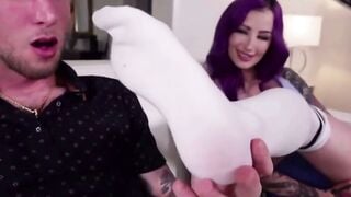 Inked cougar With Purple Hair Blows Penis And Kicks Foot Into Face
