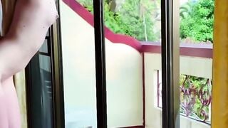 Blonde Sexy Bent Over Balcony for Long Butt Anal and Deep Throat Nailed