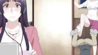 Tiny guy overwhelmed by tall athletic anime giantess babes