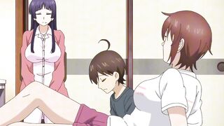 Tiny guy overwhelmed by tall athletic anime giantess babes