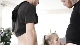 Blonde Maid Gets Double Penetration from Two Thieves on Couch