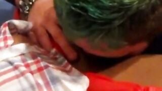German Amateur Gets Intense Cunnilingus Orgasm on Blue Bed