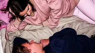 Caught 18 Teen Sucking Cock in Pajamas After Party Sex