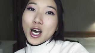 Asian Girl in Fishnets Deepthroats Dick and Takes Cumshot on Bed