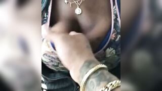 Tattooed Man Squeezes Big Black Natural Breasts in Public Flash
