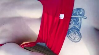 BBW MILF in Red Top Squeezes Cock on Wooden Deck with Tattooed Thighs