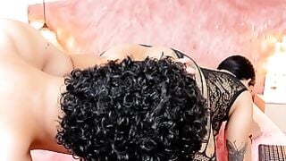 Tattooed Transgirl Sucks Cock While Boyfriend Licks Tight Ebony Ass on Pink Bed