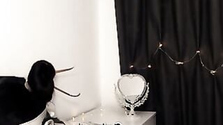 Dark Haired Russian Chick in Pink Hoodie Gets Roughly Banged on Bed