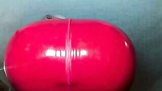 Blonde Cougar in Tight Red PVC Suit Zips Open Huge Boobs for Big Black Cock Swallow