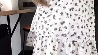 Tea Deepthroats Hairy Cock in Floral Dress at Counter