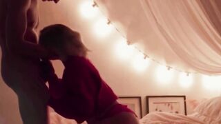 Stocking-Clad Milf Sucks Cock On Bed Until Cum Inside