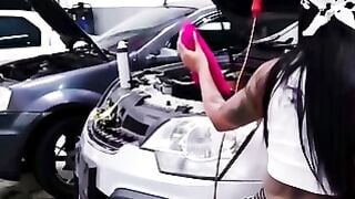 Tattooed Mechanic Mariana Martix Deepthroats Big Black Dick in Garage