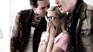 Skinny Blonde Wife Sucks Cock While Tattooed Cuck Husband Watches Hardcore Gangbang